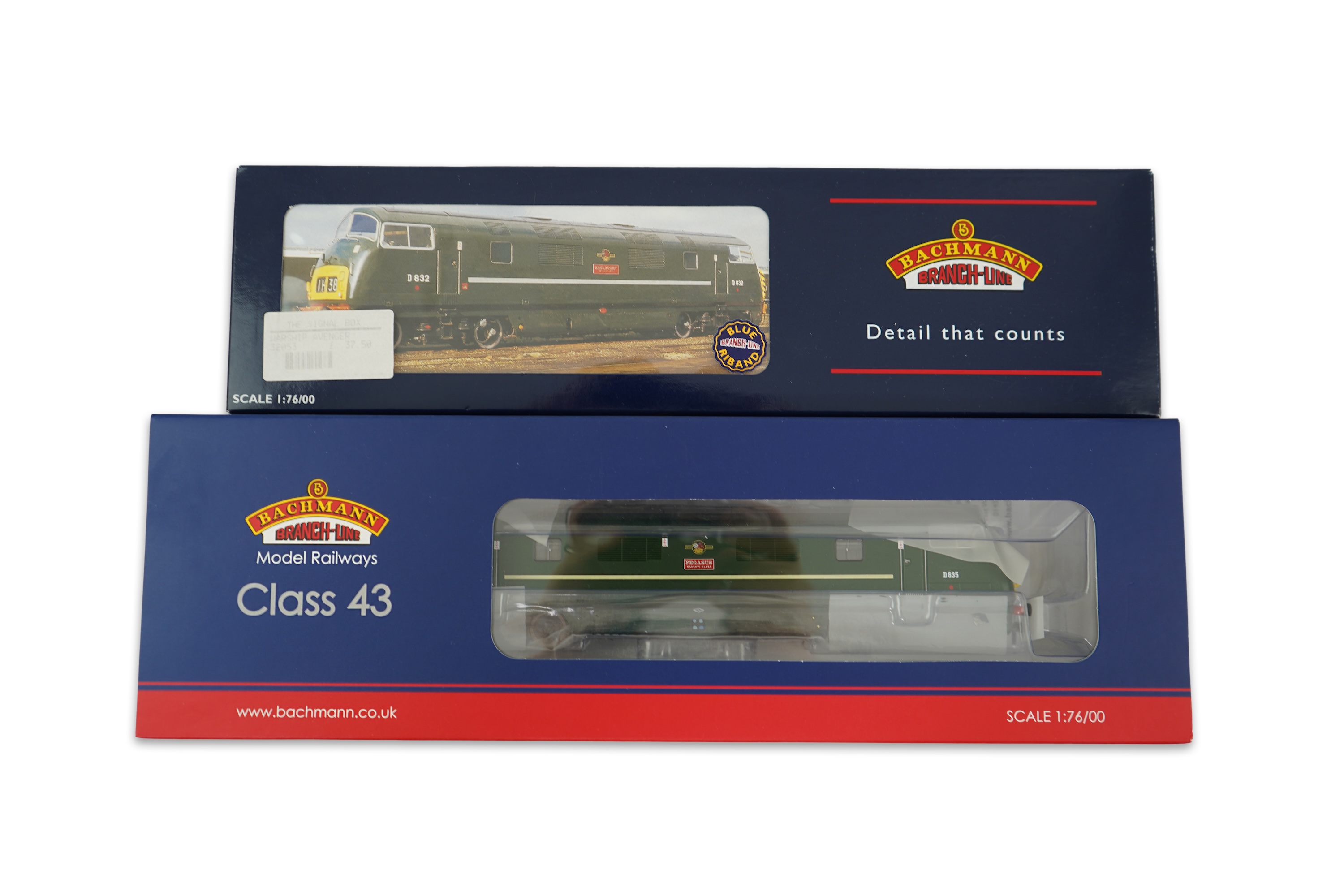 Two boxed Heljan 00 gauge railway BR Class 42 Bo-Bo Warship diesel-hydraulic locomotives; Avenger D804 (32-053) and Pegasus D835 (32-066)
